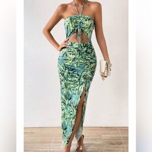 Tropical Print Sheer Drawstring Cinch Slit Thigh Dress Sexy Bodycon Stretch